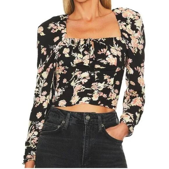 Free People Hilary‎ Floral Boho Cottage Ethereal Top Large Black - Picture 1 of 4
